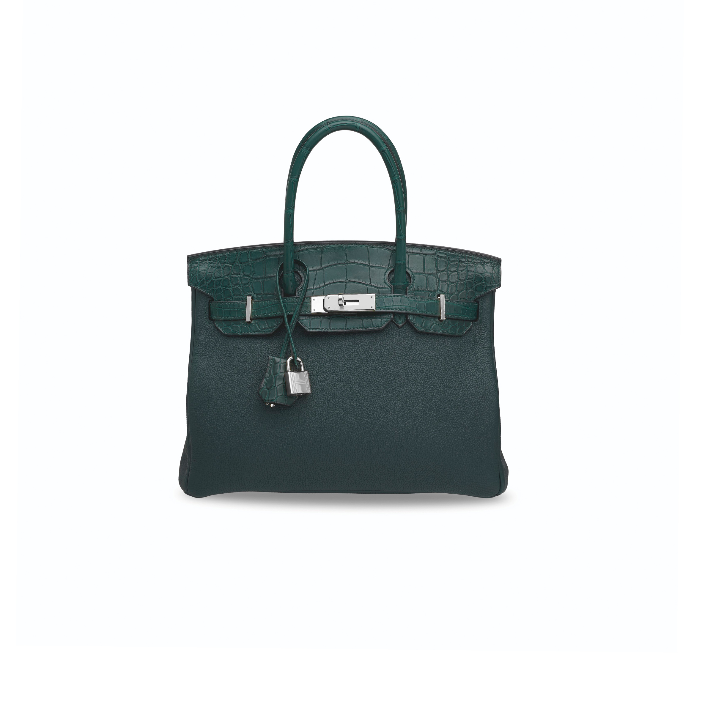 HERMÈS MASTER BIRKIN 25 CROCODILE AND TOGO LEATHER CYPRESS GREEN SILVER BUCKLE H076216CK26 (25*20*13cm)